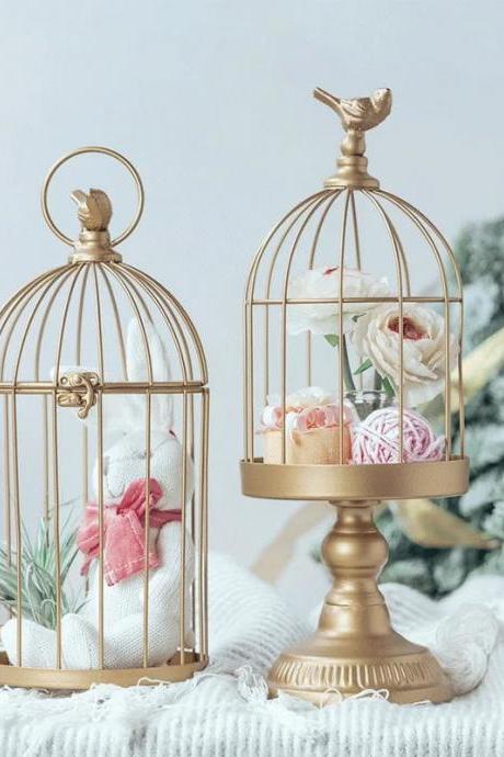 Vintage Golden Birdcage Centerpiece With Decorative Faux Flowers
