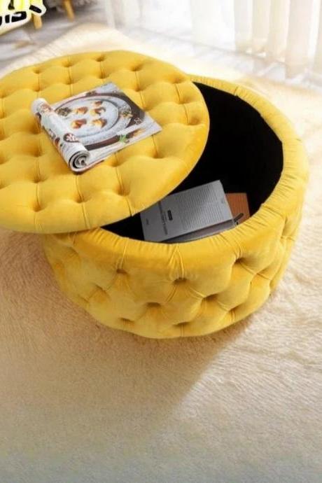 Yellow Round Tufted Ottoman With Hidden Storage Compartment
