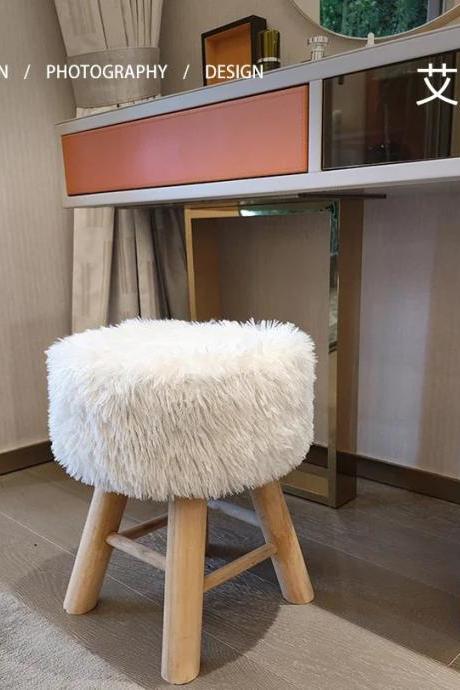 Fluffy White Faux Fur Wooden Legged Stool Chair