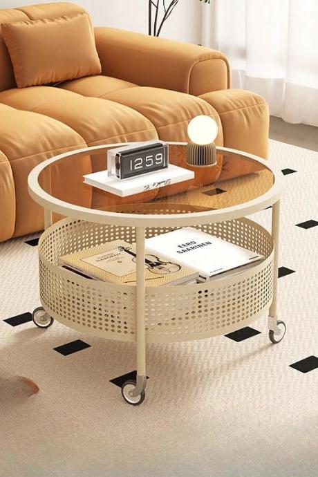 Modern Round Glass-top Coffee Table With Wheels