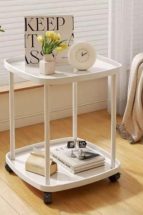 Modern Round 2-tier White Rolling Side Table Cart