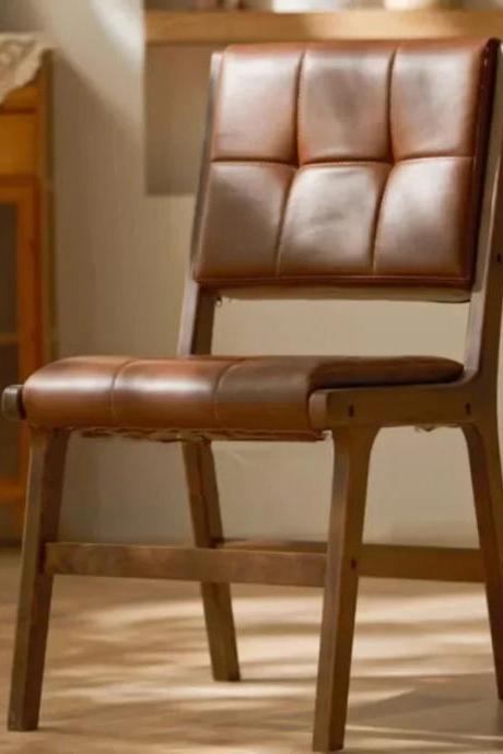 Vintage Brown Leather Padded Dining Chair Wooden Legs