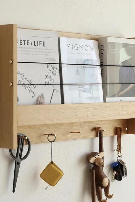 Wall-mounted Wooden Organiser With Magazine Rack Hooks