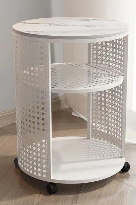 Round Marble-top Mobile Side Table With Shelves
