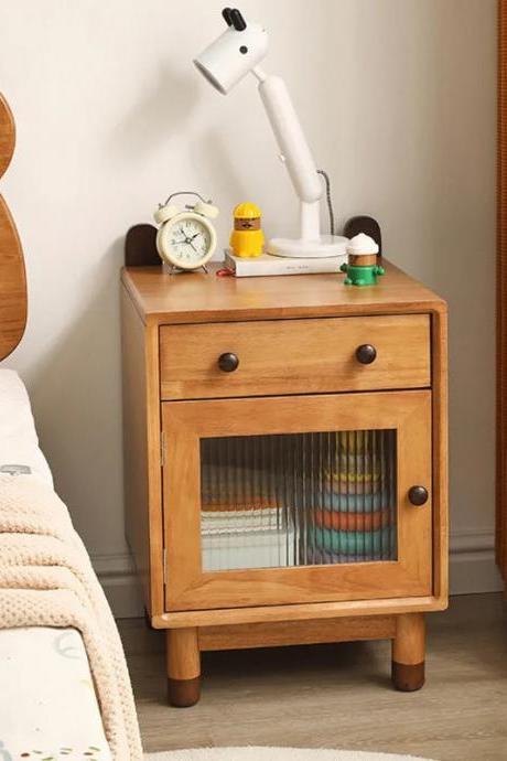 Wooden Bedside Table With Drawer And Glass Door