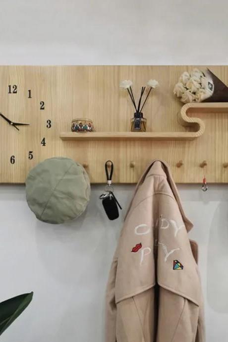 Modern Wooden Wall Clock With Integrated Coat Hooks