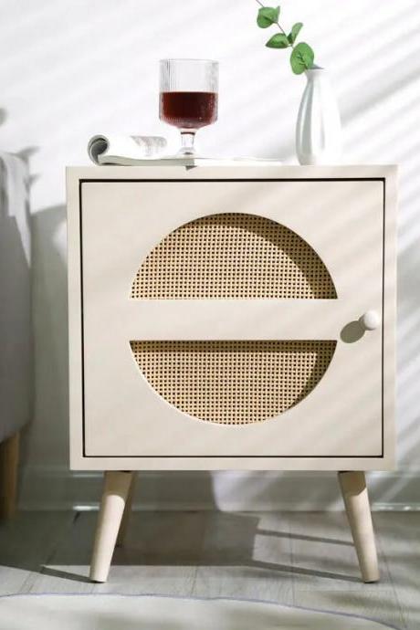 Modern Scandinavian Style Bedside Table With Rattan Accents