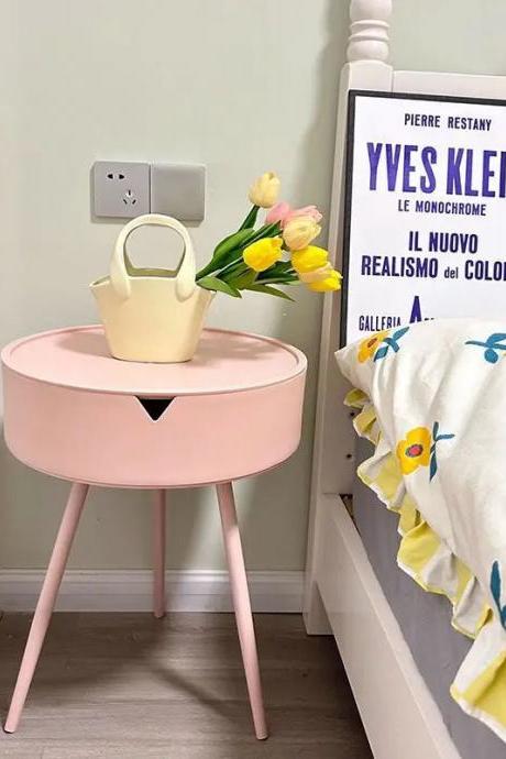 Modern Round Pink Bedside Table With Storage Drawer