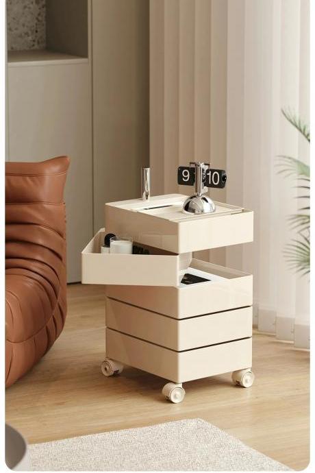 Modern Beige Rolling End Table With Storage Drawers