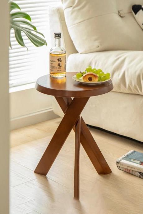 Modern Round Wooden Side Table With X-base Design