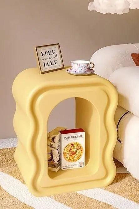 Modern Curved Yellow Bedside Table With Storage Cubby