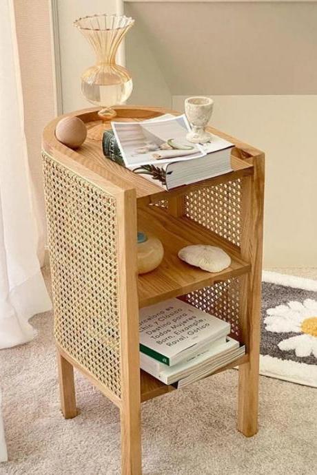 Modern Wooden Bedside Table With Rattan Accents
