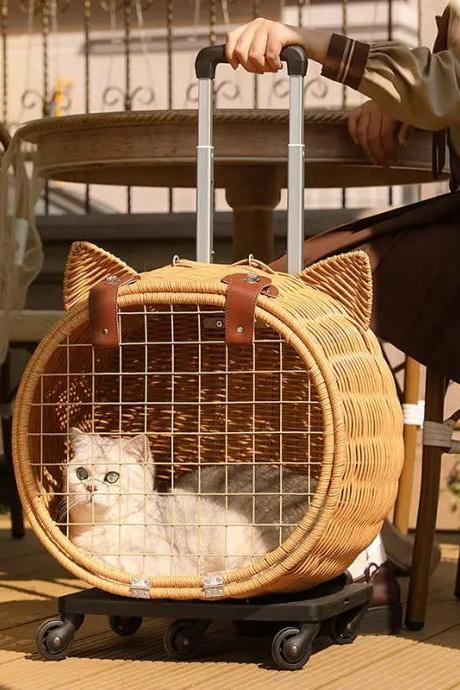 Wicker Pet Carrier With Wheels And Retractable Handle