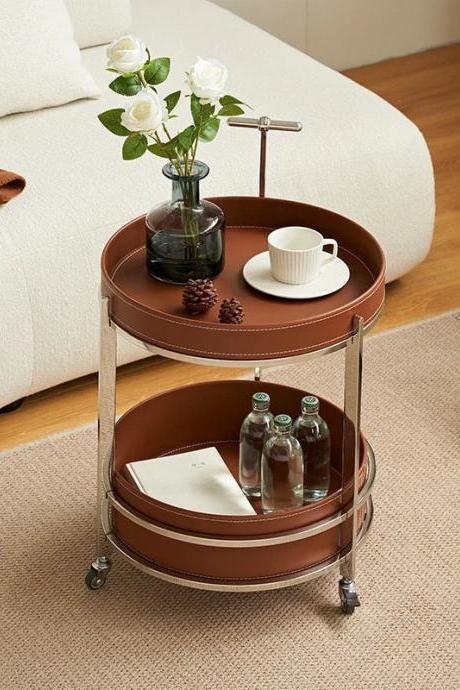 Vintage Round Leather Two-tier Rolling Bar Cart