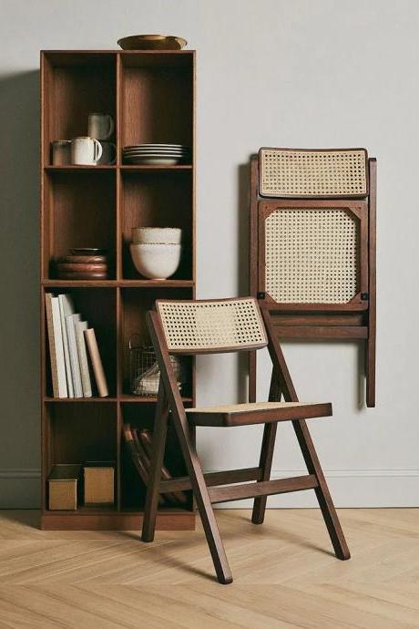 Vintage Wooden Bookshelf With Rattan Folding Chair Set