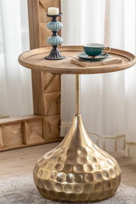 Rustic Wood Top Round Side Table With Gold Base