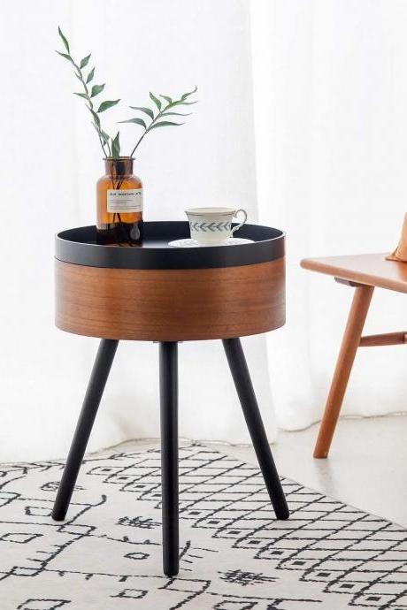 Modern Round Wooden Side Table With Black Legs