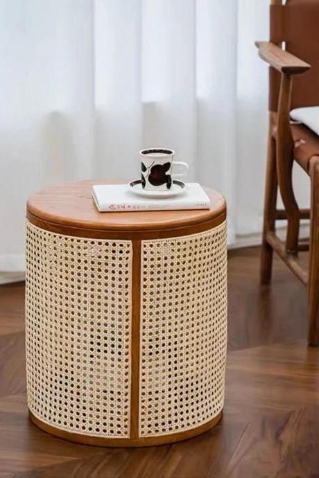 Modern Rattan Round Storage Side Table With Lid