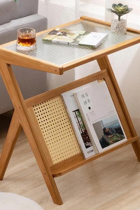 Modern Bamboo Side Table With Rattan Magazine Shelf