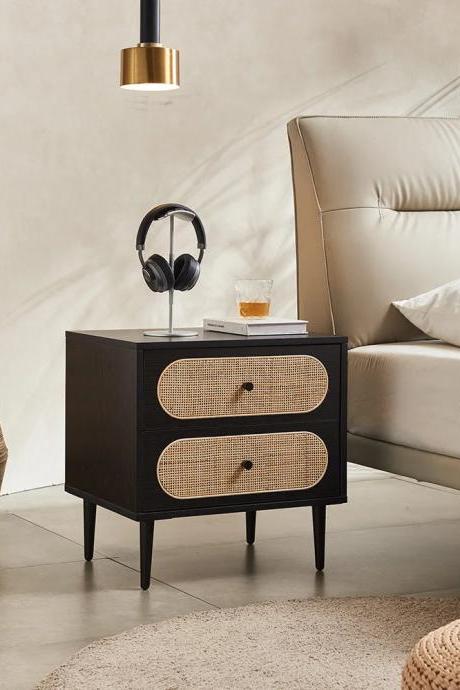 Modern Black Two-drawer Bedside Table With Rattan Accents