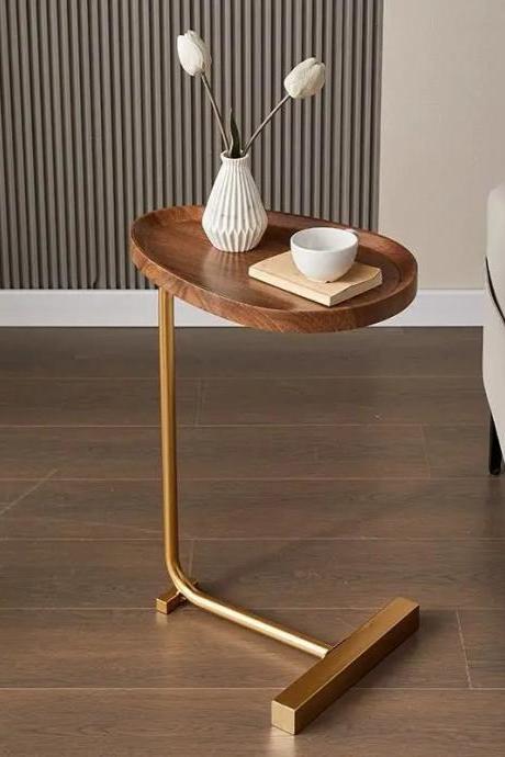 Modern Walnut Top Side Table With Gold Metal Base