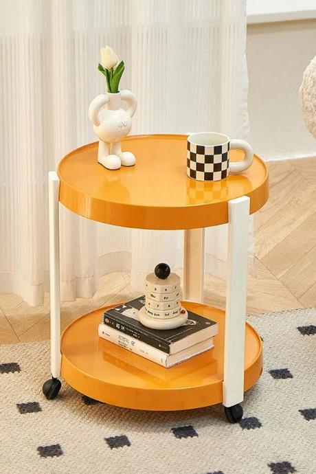 Modern Round Two-tier Rolling Side Table In Orange