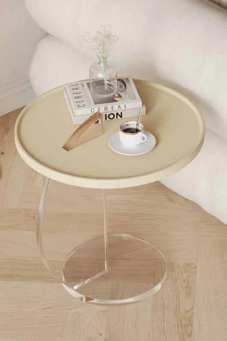 Modern Beige Round Side Table With Glass Base