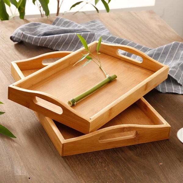 Bamboo Serving Trays with Handles, Stackable Set of 2