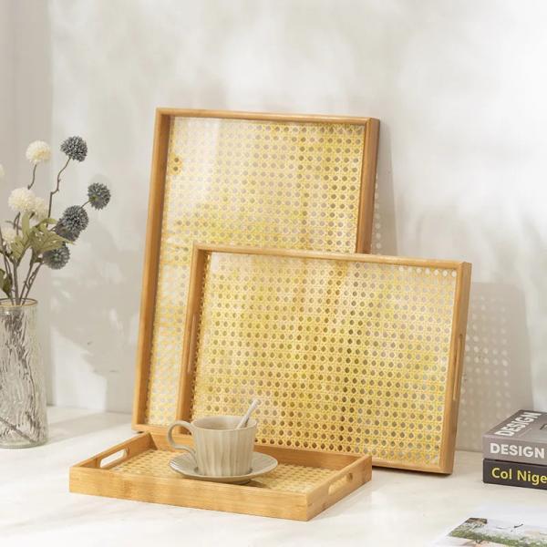 Bamboo Serving Tray and Rattan Decorative Frame Set