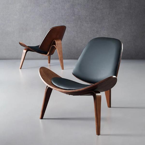 Modern Curved Wood Accent Chair with Leather Cushion