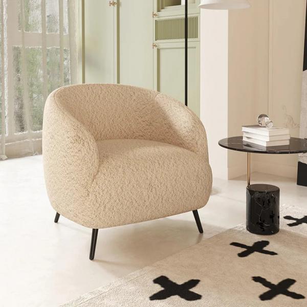 Modern Plush Beige Boucle Accent Chair with Metal Legs