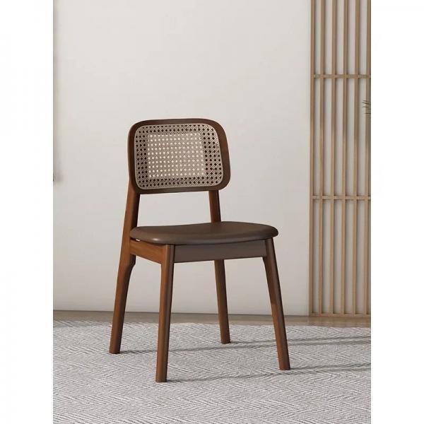 Modern Wooden Dining Chair with Rattan Backrest