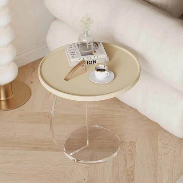 Modern Beige Round Side Table with Glass Base