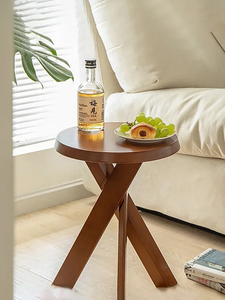 Modern Round Wooden Side Table With X-shaped Base on Luulla