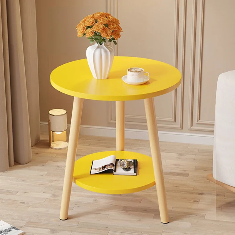 Modern Round Yellow Side Table With Lower Shelf on Luulla