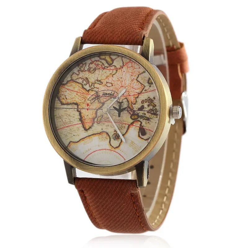 Vintage Style Map Dial Leather Strap Watch on Luulla