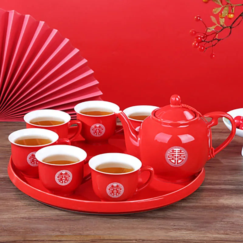 Traditional Red Porcelain Tea Set With Tray on Luulla